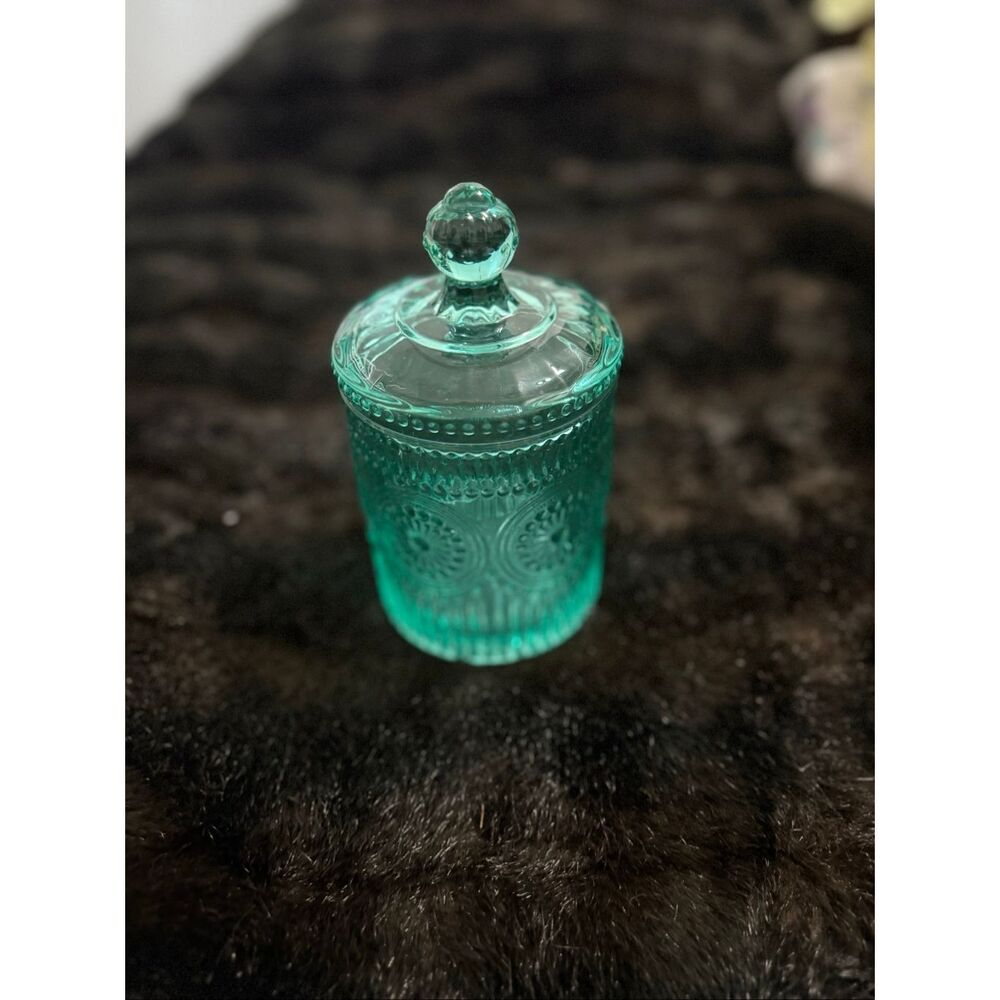 Pioneer Woman Adeline Teal Mini Storage Jar Vintage Embossed Glass 6.5 Inch